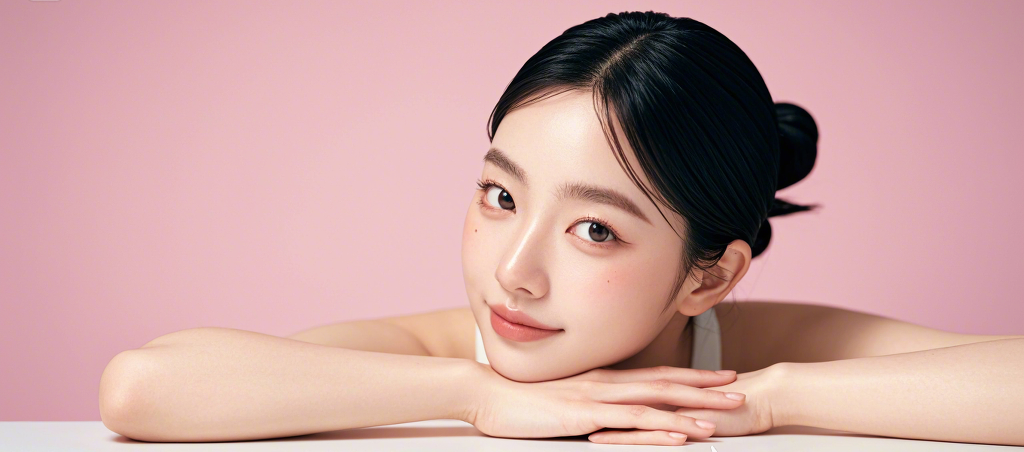 A clean, minimalist beauty ad featuring a young Korean woman with a soft, natural look. Her make-up ... (1)